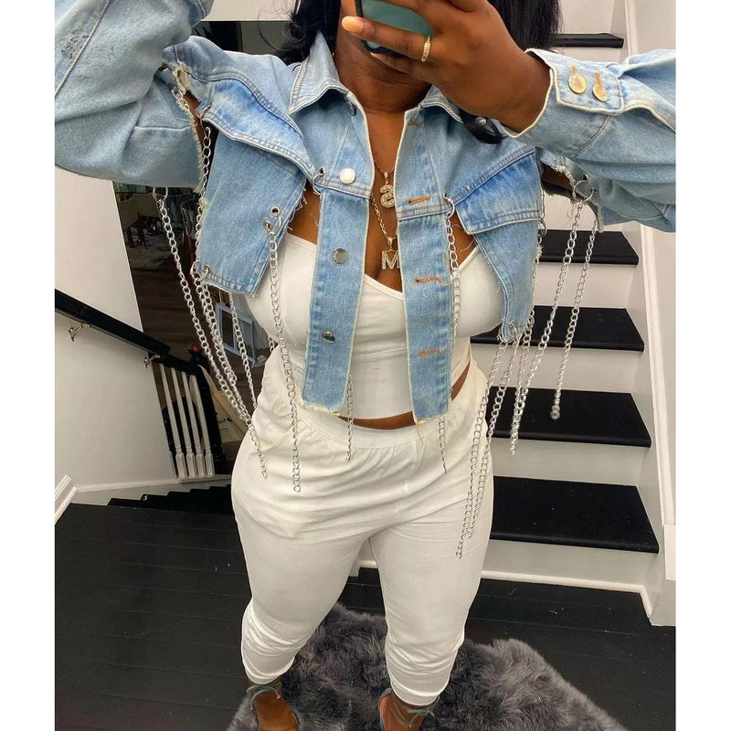 Chained to You Denim Crop Jacket - De La Moda NYC